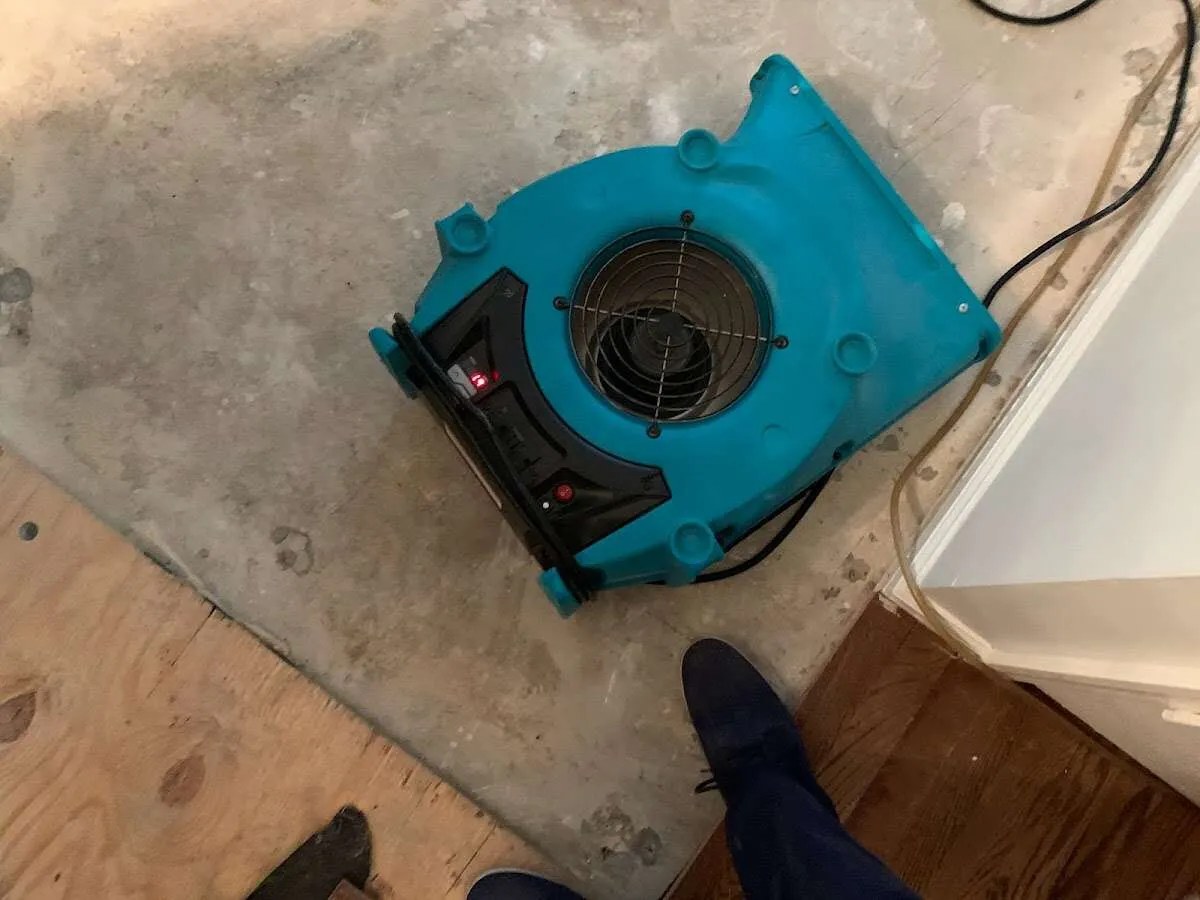 Air mover drying subfloor during Commercial Water Damage Restoration in Pleasant Hill